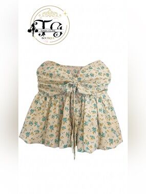 Strapless Floral Tie-Front Bustier Top - Cream with Teal & Yellow Flowers